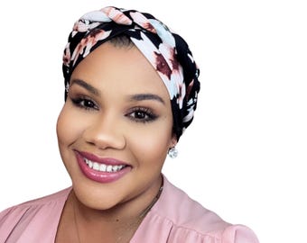 Floral Black Pink BRAIDED TURBAN, Satin lined, Full Coverage Cap, Pre-tied Womens Stretchy, chemo gift, alopecia, protective, post surgery