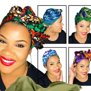 PRE-TIED TURBAN Satin Lined, Different Designa, African wax print Head wrap, Afro curly hair protective style head covering, gift for her