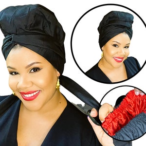 SATIN LINED HEADWRAP, black turban, African print head wrap, headtie, headband, head covering, Ankara, Regal image 1