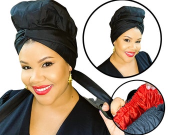 SATIN LINED HEADWRAP, black turban, African print head wrap, headtie, headband, head covering, Ankara, Regal