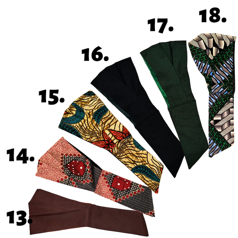 Pode incluir: Um conjunto de 6 faixas de cabe&ccedil;a em v&aacute;rias cores e padr&otilde;es, incluindo preto, verde, marrom, vermelho e amarelo. As faixas de cabe&ccedil;a s&atilde;o numeradas de 13 a 18.
