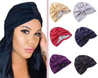 SATIN LINED TURBAN, Many colors, Sleep Cap, Hat, hair loss, alopecia, slap cap, gift for her, chemo gift, protective styling