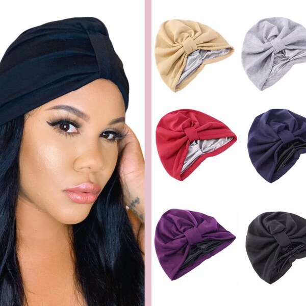 SATIN LINED TURBAN, Many colors, Sleep Cap, Hat, hair loss, alopecia, slap cap, gift for her, chemo gift, protective styling