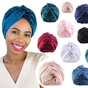 FAUX SILK TURBAN, sleep hat, Pretied Headwrap, Womens Hat, stretch, chemo gift, protective styling, headscarf, alopecia, curly hair care