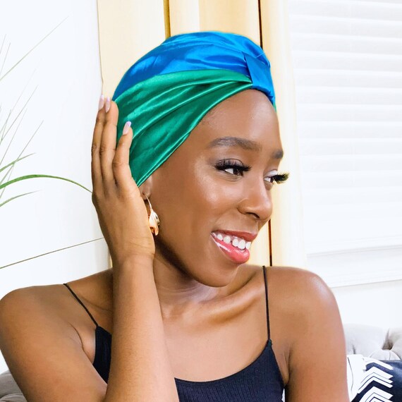 Green Blue Luxury Satin Sleep Turban - Main Image