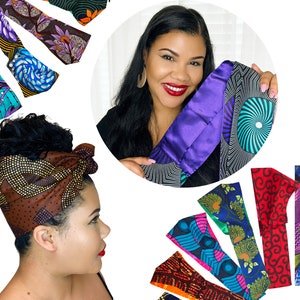 WIDE SATIN LINED 2-Way tie on Headband, 8 inches headtie, Ankara African print protective style head wrap, Afro curly hair styling accessory