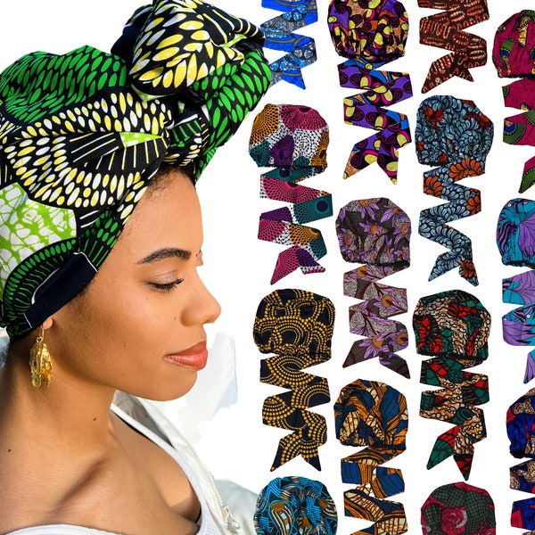 SATIN LINED BONNET Kopftuch mit Band, heller Ankara afrikanischer Druck, natürliche lockige Afro-Haarbedeckung, schützendes Styling, Geschenk für Sie