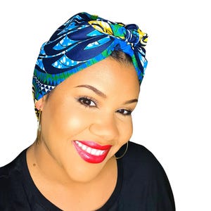 PRETIED TIE TURBAN Satin Lined, Stunning, Statement, African wax print Head wrap, Afro curly hair protective style covering, gift for her