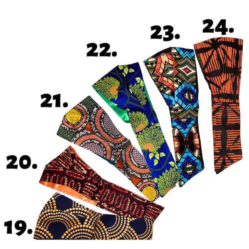 Pode incluir: Um conjunto de 6 faixas de cabe&ccedil;a coloridas com diferentes padr&otilde;es de estampa africana. As faixas de cabe&ccedil;a s&atilde;o numeradas de 19 a 24.