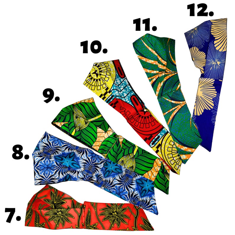 Pode incluir: Um conjunto de 6 faixas de cabe&ccedil;a coloridas com diferentes padr&otilde;es de impress&atilde;o africana. As faixas de cabe&ccedil;a s&atilde;o numeradas de 7 a 12.