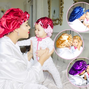 MOMMY & ME BONNET, 2 Pieces, Reversible satin cap, kids, luxurious, soft, silky, protective styling, curly hair, afro, alopecia, chemo gift
