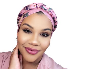 Pink BRAIDED SATIN lined TURBAN, Full Coverage Cap, Pre-tied Womens Stretchy hat, chemo gift, alopecia, protective styling, post surgery