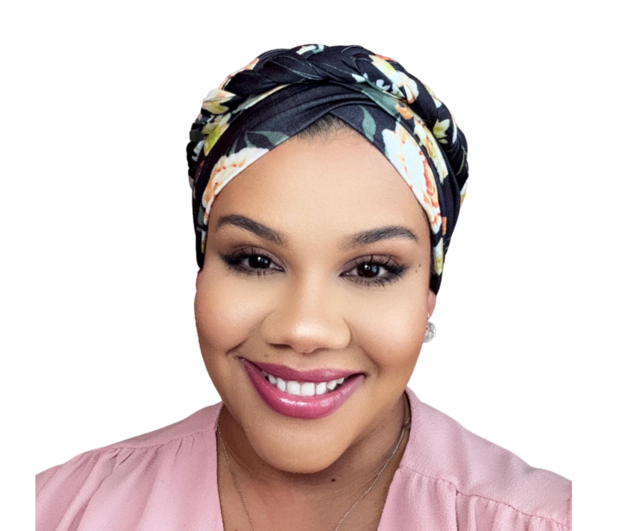 Black Floral BRAIDED SATIN lined TURBAN, Full Coverage Cap, Pre-tied Womens Stretchy, chemo gift, alopecia, protective style, post surgery