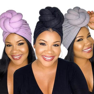 Pre tied turban head wrap with large statement knot
