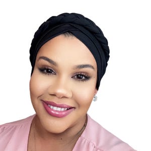Black Braided Turban: Satin-Lined Full Coverage Cap