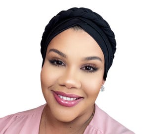Black BRAIDED SATIN lined TURBAN, Full Coverage Cap, Pre-tied Womens Stretchy, chemo gift, alopecia, protective style, post surgery