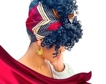 Lenço para cabeça forrado com cetim em tecido africano estampado.