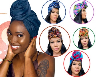 PRE-TIED HEADWRAP Satin lined, Turban wrap, Head covering, Ankara print headscarf, Lightweight, curly hair, protective styling, gift for her