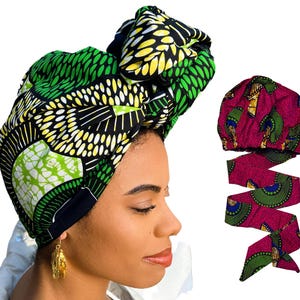SATIN LINED BONNET head wrap with band, bright Ankara African print, natural curly afro hair covering, protective styling, gift for her