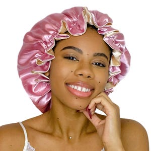 Reversible Satin Sleep Bonnet: Black & Silver Protective Hair Cap