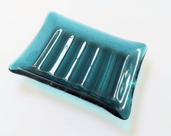 Sea Blue Glass Soap Dish, Large Handmade Fused Glass Soap Tray with Ridges, Ribbed Glass Soap Holder, Sponge Tray, Ocean Bathroom Décor