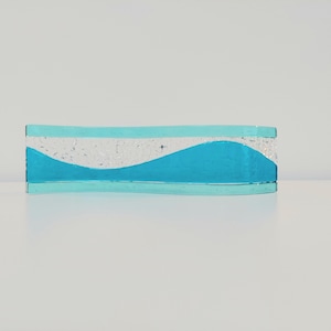 Turquoise and Aqua Glass Ornament, Handmade Textured Glass Art Wave, Freestanding Glass Panel, Turquoise Shelf Ornament, Beach House Décor
