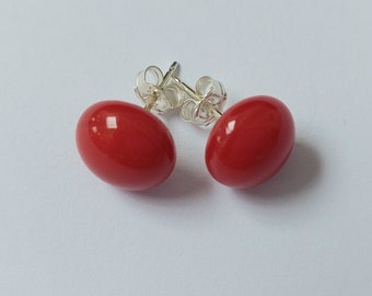 Red Fused Glass Stud Earrings: Sterling Silver Posts, Minimalist Jewelry