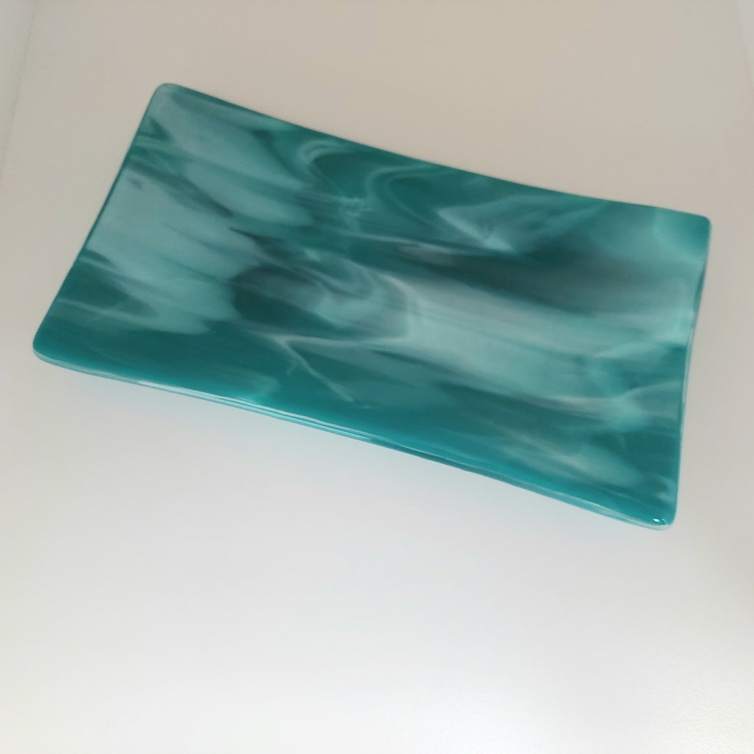 Teal and Aqua Glass Art Platter, Handmade Aqua Fused Glass Plate