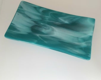 Teal and Aqua Glass Art Platter, Handmade Aqua Fused Glass Plate, Artisan Trinket Dish, Glass Art Tray, Coffee Table Centrepiece, Teal Décor