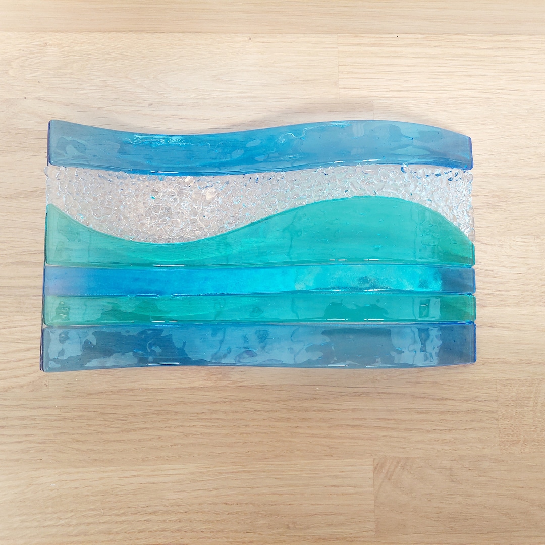 Aqua Blue Glass Art Wave, Large Handmade Fused Glass Mantlepiece