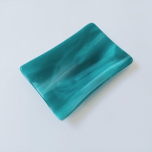 Teal and Aqua Glass Art Dish, Handmade Teal Fused Glass Soap Tray, Aqua Glass Art Trinket Dish, Small Glass Art Plate, Teal Bathroom Décor