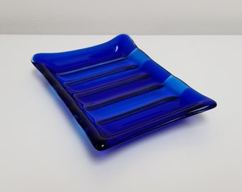 Blue Glass Soap Dish, Cobalt and Blue Fused Glass Soap Dish with Ridges Handcrafted in the Lake District, Blue Bathroom Décor