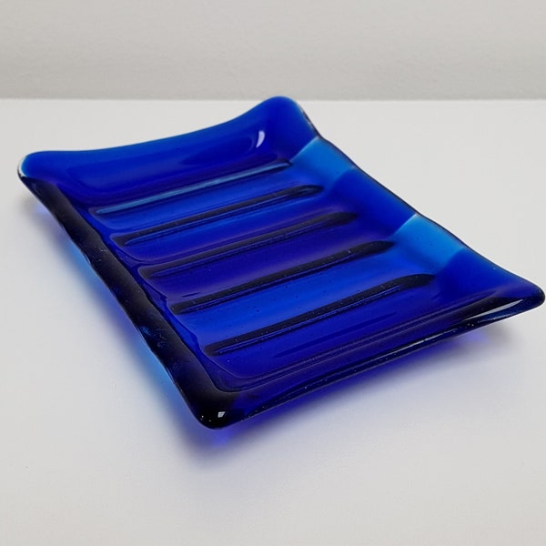 Blue Glass Soap Dish, Cobalt and Blue Fused Glass Soap Dish with Ridges Handcrafted in the Lake District, Blue Bathroom Décor