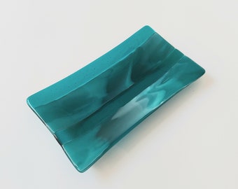 Teal Artisan Glass Platter, Handmade Teal and Aqua Fused Glass Plate, Large Teal Glass Trinket Dish, Coffee Table Centrepiece, Teal Décor
