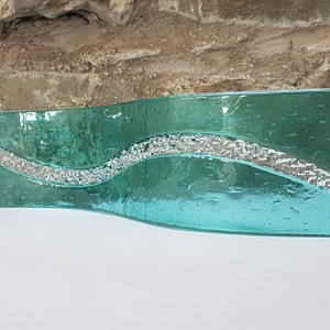 Abstract Aqua Freestanding Glass Wave Ornament (S Curve Panel) - Kiln Formed Glass Art Handcrafted in the Lake District