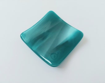 Teal Glass Art Ring Dish, Small Handmade Fused Glass Trinket Dish, Sea Green Glass Earring Bowl, Contemporary Teal Décor, Beach House Décor