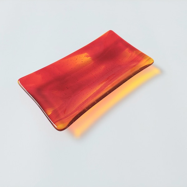 Sunset Fused Glass Art Plate, Handmade Red Glass Platter with Orange Undertones, Vibrant Red Artisan Coffee Table Trinket Dish, Red  Décor