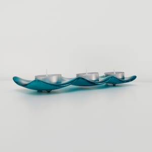 Teal Glass Art Candle Stand, Artisanal Teal and Aqua Fused Glass Sectional Tray, Unusual Jewellery Tray, Glass Art Trinket Dish, Teal Décor