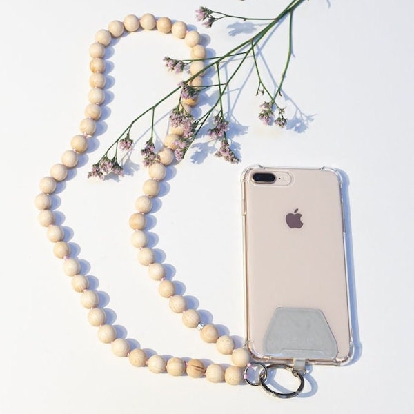 Designer key chain and cell phone chain made of wooden beads in "natural / pink"