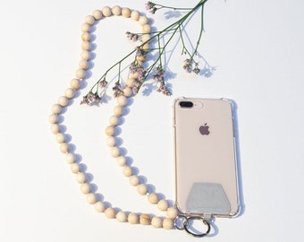 Porte-clés design et chaîne pour téléphone portable en perles de bois de couleur "naturel / rose"
