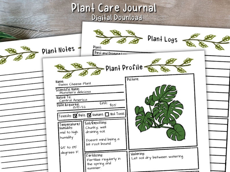 Op de afbeelding: Printbaar plantenverzorgingsjournaal met een groen bladerontwerp. Het journaal bevat secties voor plantnotities, plantenprofiel en plantenlogboeken. De plantenprofielsectie bevat ruimte voor een afbeelding, naam, wetenschappelijke naam, herkomst, datum van verwerving, kosten, toxiciteit, temperatuur/vochtigheid, grond/verpotten, bemesting en water geven.