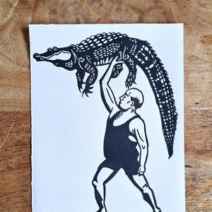 Crocodile Man Lino Print | Circus art| original hand made printing | animal print | crocodile | vintage wall art
