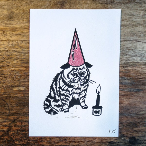Sad Cat Birthday Lino Print Black A5 / original hecho a mano / Kat / Kaart / animal / ilustración / droevig / tarjeta de cumpleaños / verjaardagskaart