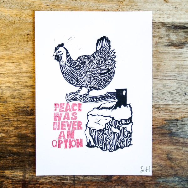 Peace was never an option | Lino Print Black A5 | original hand made| farm | animal | axe | fun | illustration | bird | vogel | boerderij