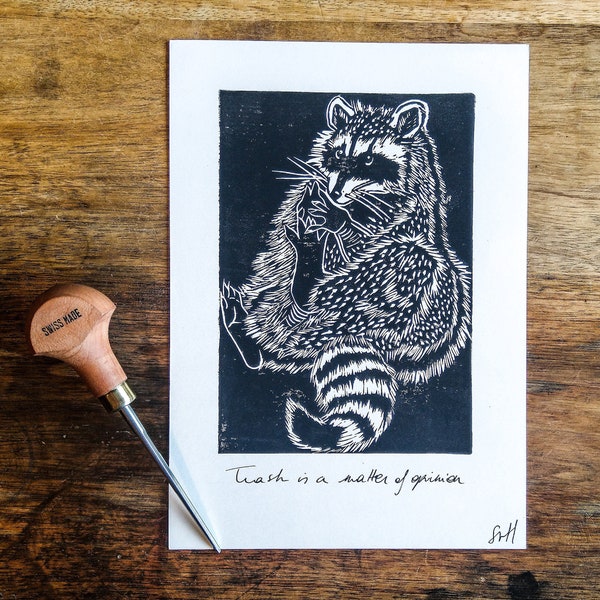 Waschbär Lino Print Schwarz | A5 | Original handgefertigte | Gummiblockdruck | | Waldtier-| Waschbär | Wald | Tierische | Illustration