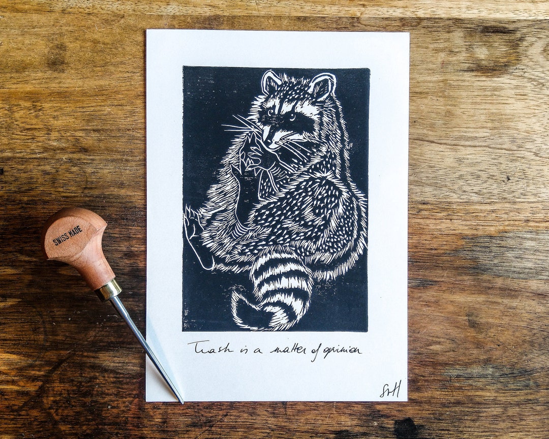 Raccoon Lino Print | Original Handmade Forest Animal Illustration (A5 ...
