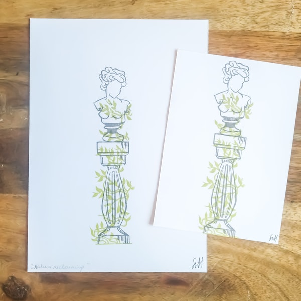 Nature reclaiming Statue A5 Lino Print | original hand made | woman | column | standbeeld | beeld | bust | ivy | card | kaart | plant