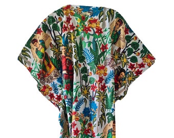 Caftan long indien à fleurs, Tunique de plage, Caftan en pur coton, Caftan indien, Caftan multi-tailles, Robe de plage