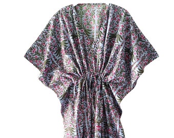 Pure Cotton Caftan, Indian Floral Printed Long Kaftan, Beach Coverup, India Kaftan, Multi Size Kaftan, Beach Women Dress