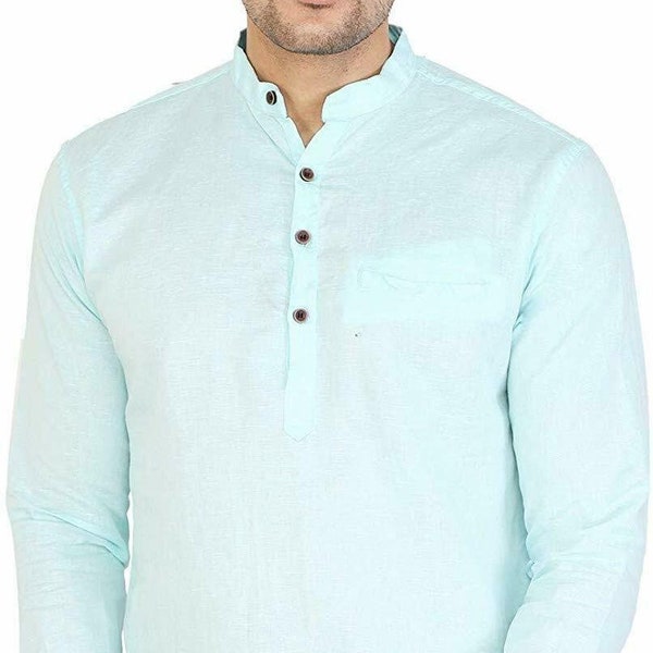 Men's Clothing Shirts & Tees Gift For Him Indian Shirt Cotton Kurta Tunic Sky Blue Color Solid Plus size loose fit Big and tall Clothing